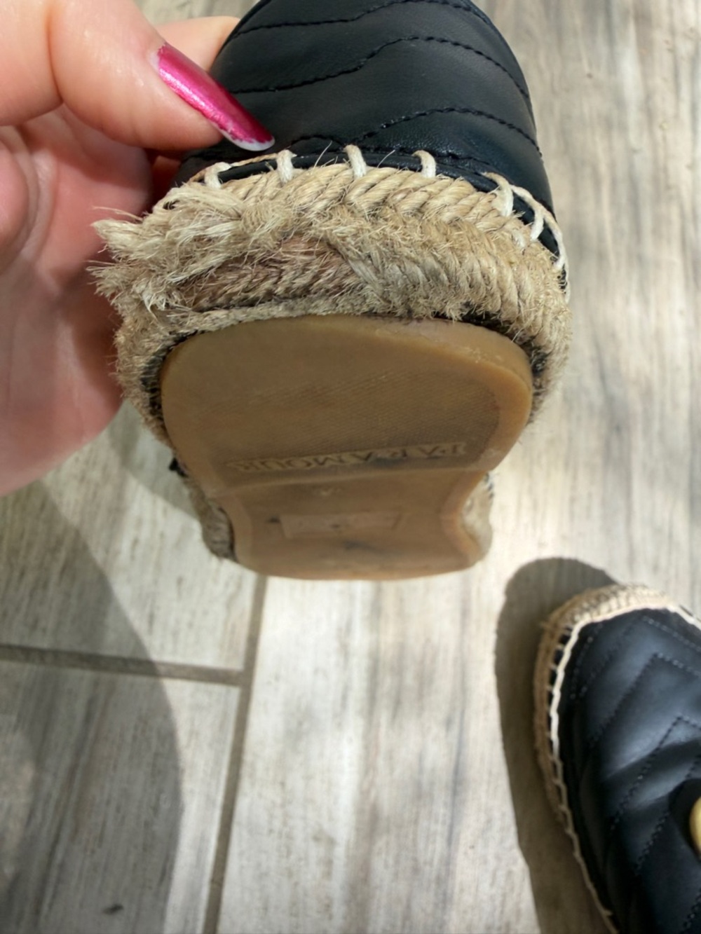 Black Quilted Espadrille Slip-On Shoes with Gold Emblem - Picture 7 of 10